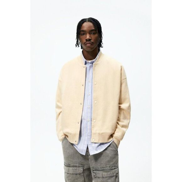 Zara Other - Zara Mens Bomber Jacket L Beige Tan Cotton Stretch Snap Button 3854/338 NWT